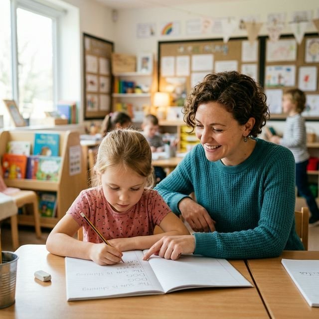Profesora ayudando a niña a escribir en cuaderno