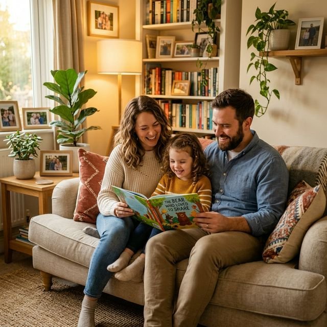 Familia feliz leyendo juntos en casa