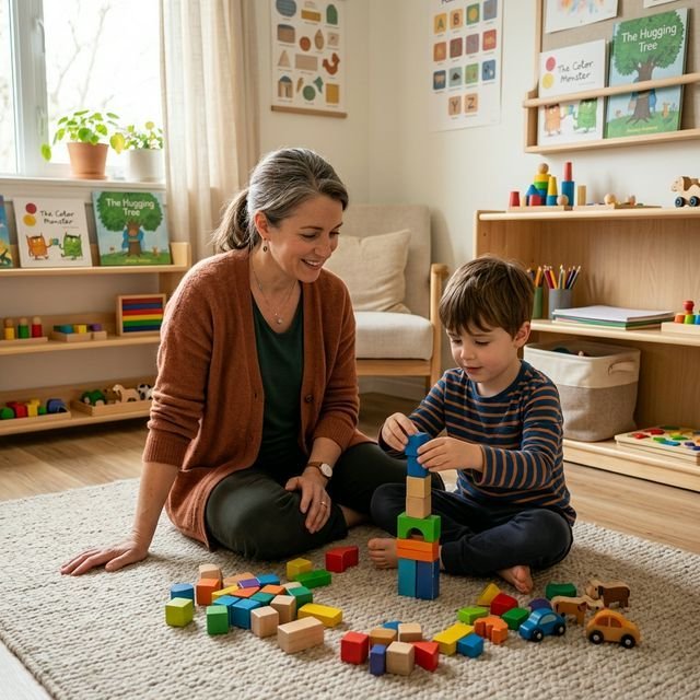 Terapeuta trabajando con niño en actividades con bloques